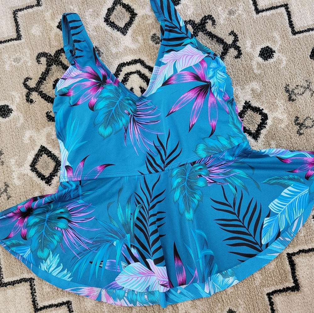 Peplum Tankini Top Teal Tropical Floral